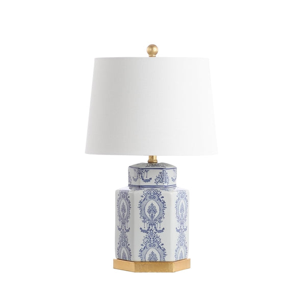 Blue & White Ceramic Table Lamps Set of 2 with Gold Leaf Accents