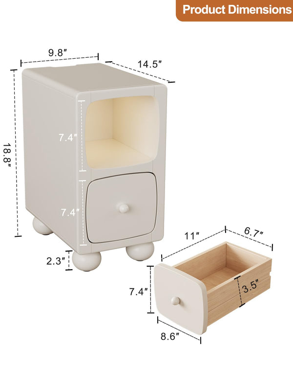 Solid Wood Narrow Nightstand with Drawer & USB Night Light