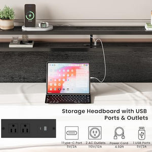 King Size Storage Bed Frame with Charging Headboard