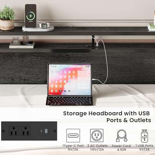 King Size Storage Bed Frame with Charging Headboard