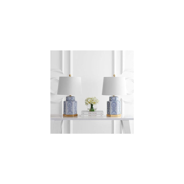 Blue & White Ceramic Table Lamps Set of 2 with Gold Leaf Accents