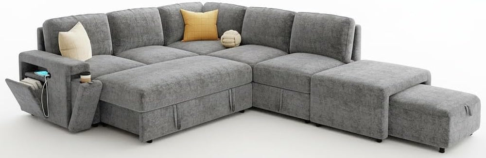 L-Shaped Modular Sectional Sofa with Storage Ottoman, USB Ports & Cup Holder
