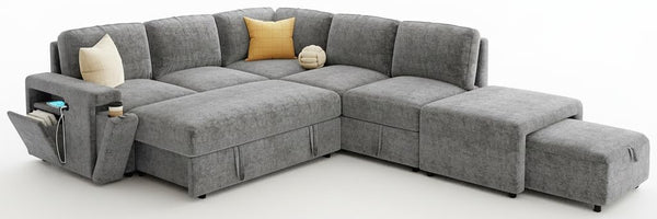 L-Shaped Modular Sectional Sofa with Storage Ottoman, USB Ports & Cup Holder