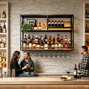Wall Mounted Bar Shelf with LED & Wine Glass Rack