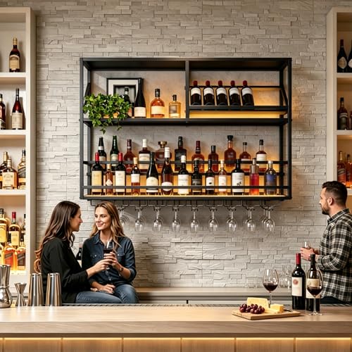 Wall Mounted Bar Shelf with LED & Wine Glass Rack