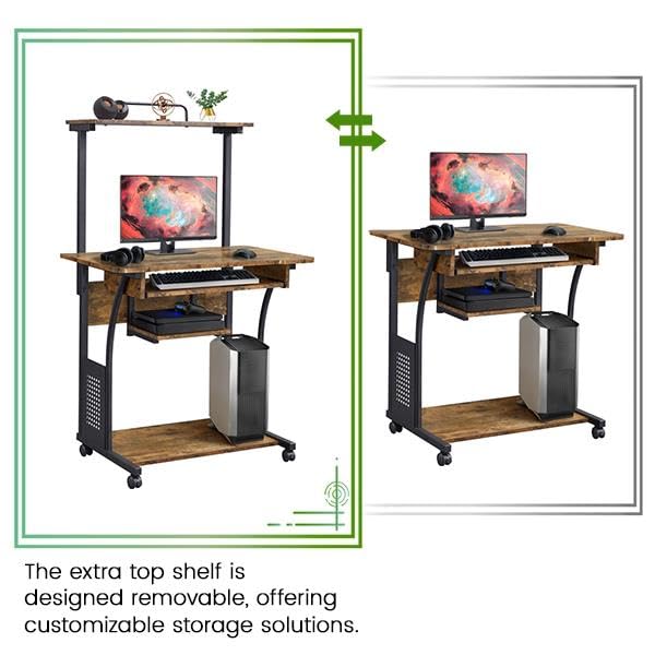 3-Tier Rolling Computer Desk with Keyboard Tray & Printer Shelf
