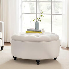 Round Storage Ottoman with Button Tufted Lid – 30 Inch Upholstered Footrest