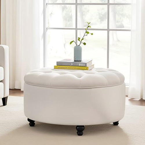 Round Storage Ottoman with Button Tufted Lid – 30 Inch Upholstered Footrest