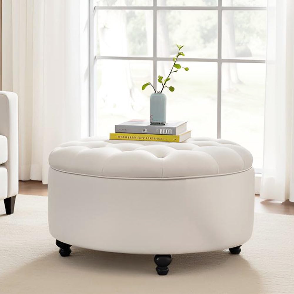 Round Storage Ottoman with Button Tufted Lid – 30 Inch Upholstered Footrest