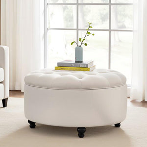 Round Storage Ottoman with Button Tufted Lid – 30 Inch Upholstered Footrest
