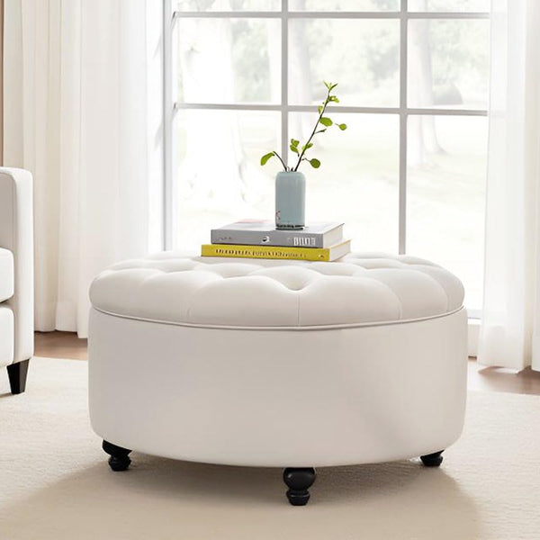Round Storage Ottoman with Button Tufted Lid – 30 Inch Upholstered Footrest
