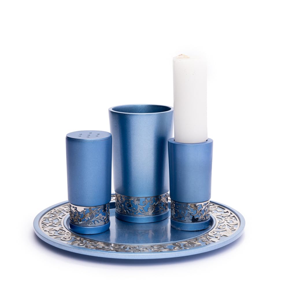 Blue Anodized Aluminum Havdalah Set – 4-Piece Judaica with Kiddush Cup, Spice Box, Candle Holder & Plate