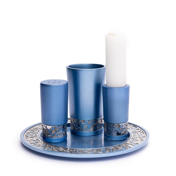 Blue Anodized Aluminum Havdalah Set – 4-Piece Judaica with Kiddush Cup, Spice Box, Candle Holder & Plate