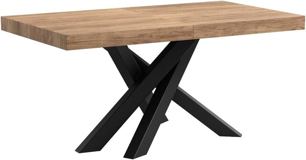 Extendable Dining Table, Rustic Oak with Black Crossed Legs, Seats 6–10