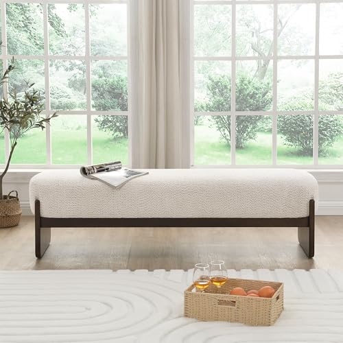 Rectangular Loop Yarn Ottoman Bench with Rubberwood Frame