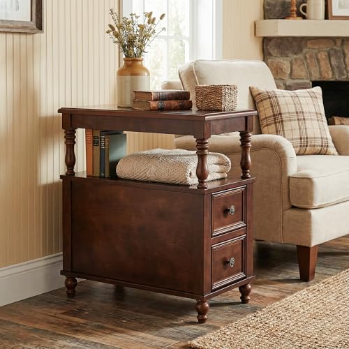 Mid-Century Wood End Table with 2 Drawers and Storage Shelf