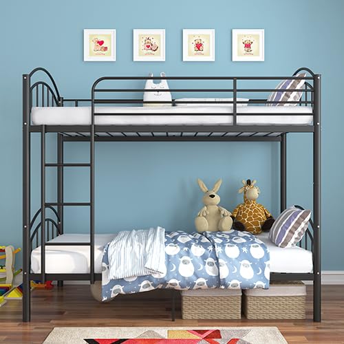 Twin Over Twin Metal Bunk Bed – 2-in-1 Convertible with Guardrails