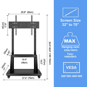 Hellsehen Mobile TV Stand,Rolling TVs Cart on Wheels Height Adjustable Heavy-Duty Floor Stand Base for 32-75 Inch LCD LED OLED Flat Panel Screens Smartboard Movable Holds up to 220lbs with Shelf