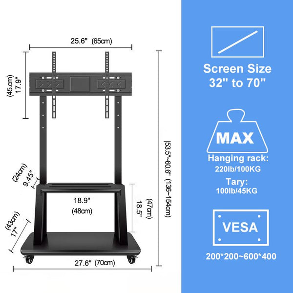 Hellsehen Mobile TV Stand,Rolling TVs Cart on Wheels Height Adjustable Heavy-Duty Floor Stand Base for 32-75 Inch LCD LED OLED Flat Panel Screens Smartboard Movable Holds up to 220lbs with Shelf