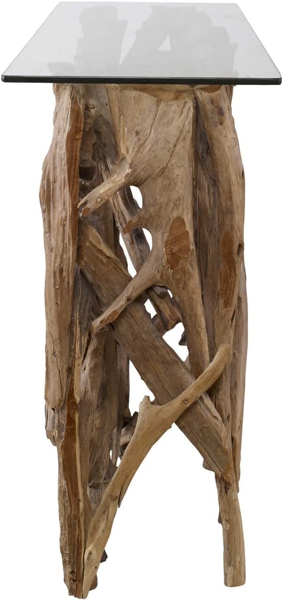 Reclaimed Teak Wood Console Table with Clear Glass Top