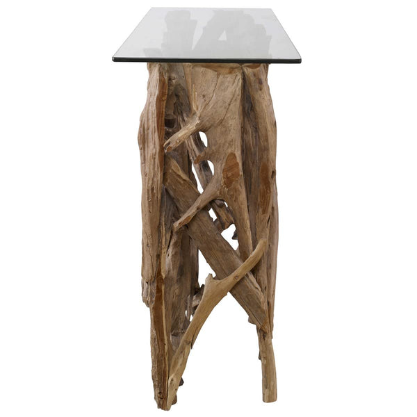 Reclaimed Teak Wood Console Table with Clear Glass Top