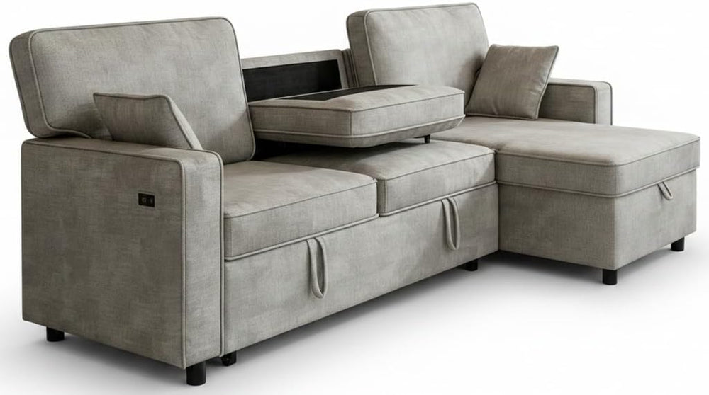 L-Shaped Sectional Sleeper Sofa with Storage & Cup Holders