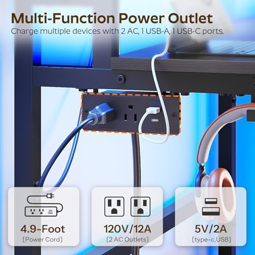 2-Tier Gaming Desk with Monitor Stand, Charging Station & LED Lights