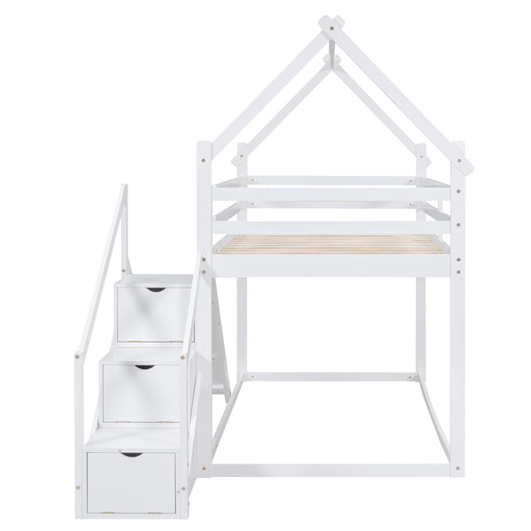 Twin Over Twin Bunk Bed with Storage Stairs & Guardrails