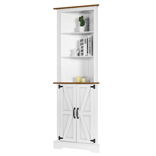 Farmhouse Corner Cabinet with Barn Doors, 68" Tall, 5-Tier Adjustable Shelves