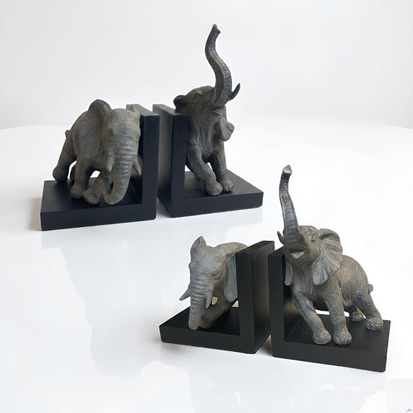 Elephant Bookends – Gray & Black Resin Duo