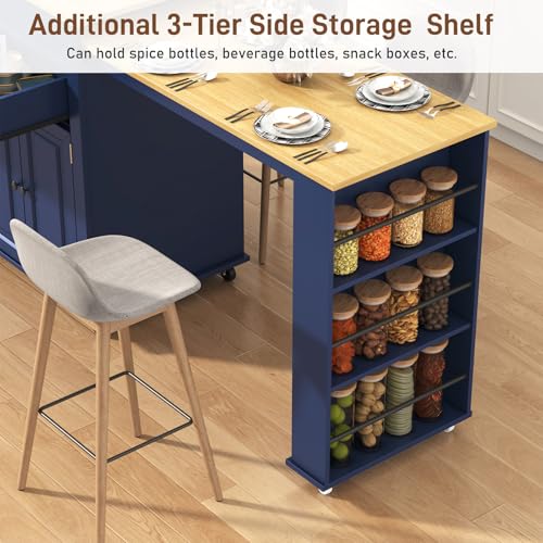 80"-48" Extendable Kitchen Island with Extended Dining Table and Power Outlet,Large Mobile Kitchen Storage Islands with 2 Storage Drawers,Rolling Islands Cart with 3 Extra Rows Open Shelves(Blue)
