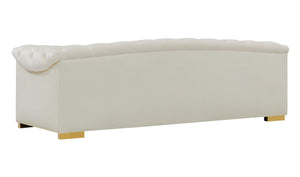 Velvet Button-Tufted Sofa with Gold Nailhead Detail & Steel Legs