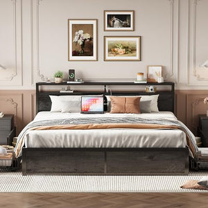 King Size Storage Bed Frame with Charging Headboard