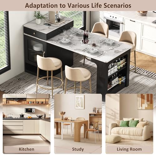 Kitchen Island with Extendable Dining Table, Rolling Storage, Power Outlet & Drawers