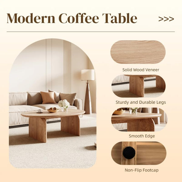 Oval Coffee Table – Natural Wood, Modern Living Room Center Table
