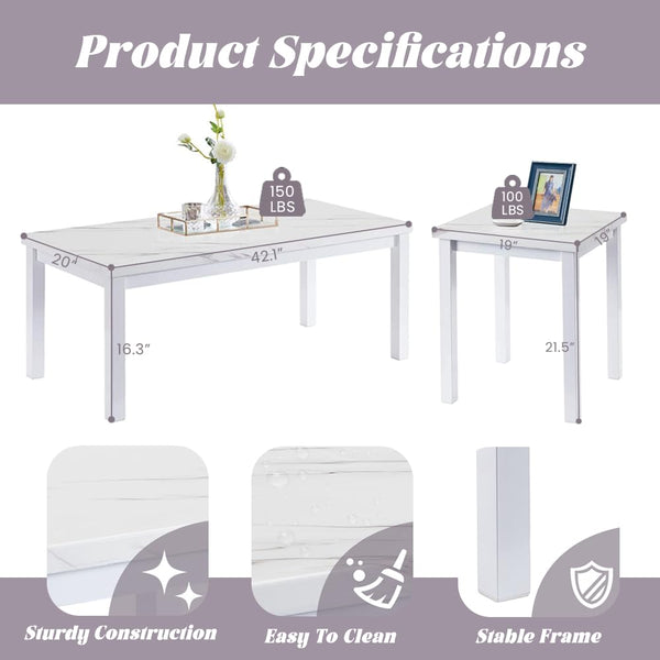 Modern Faux Marble Coffee Table Set of 3 with End Tables