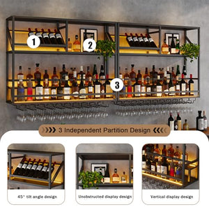 Wall Mounted Bar Shelf with LED & Wine Glass Rack