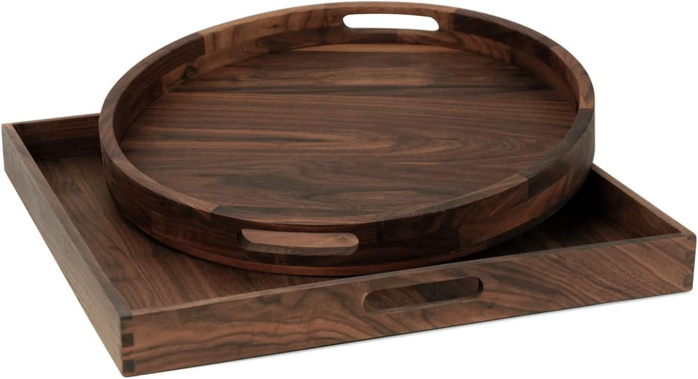 Walnut Wood Serving Tray Set of 2 with Handles