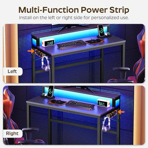 2-Tier Gaming Desk with Monitor Stand, Charging Station & LED Lights