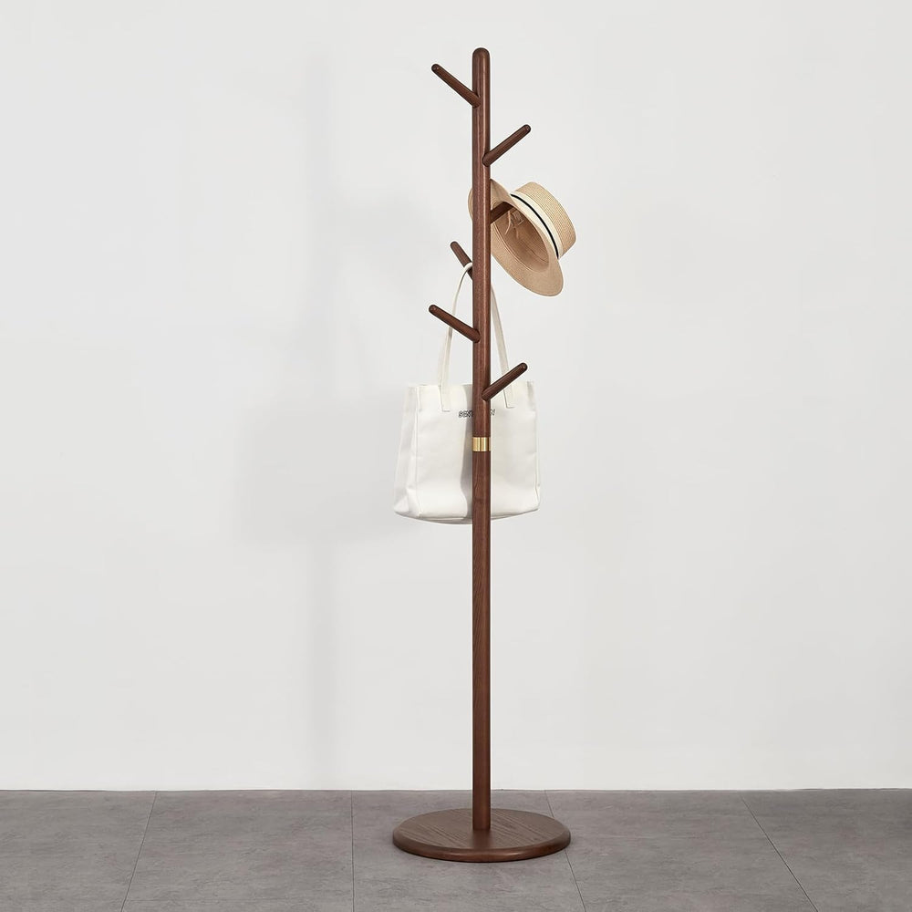 Ash Wood Freestanding Coat Rack with 6 Hooks – Walnut Brown