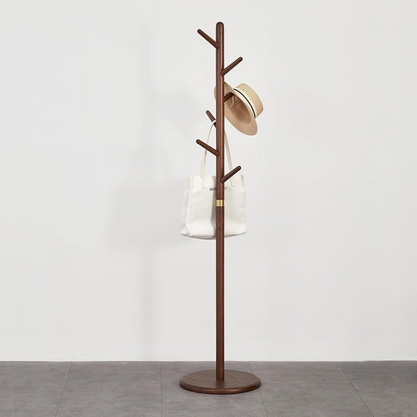 Ash Wood Freestanding Coat Rack with 6 Hooks – Walnut Brown