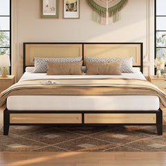 Boho Platform Bed Frame with Rattan Headboard & Underbed Storage