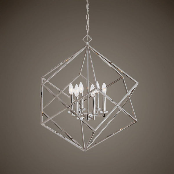 6-Light Polished Nickel Steel Pendant Chandelier – Cube Design