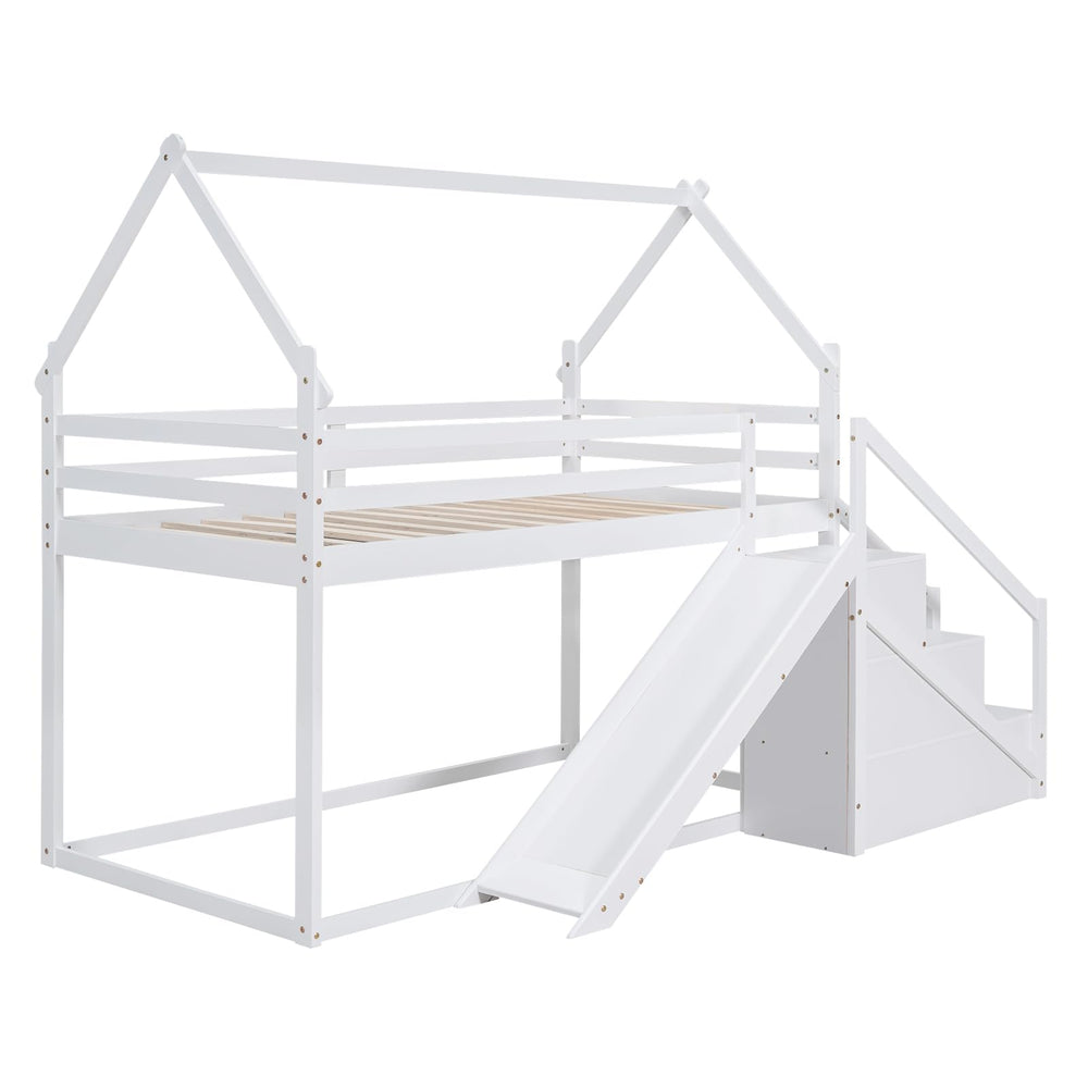 Twin Over Twin Bunk Bed with Storage Stairs & Guardrails