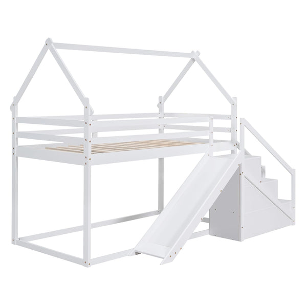 Twin Over Twin Bunk Bed with Storage Stairs & Guardrails