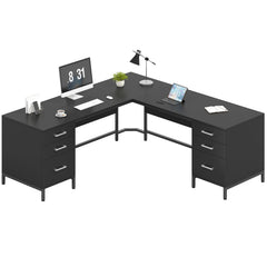 L-Shaped Corner Desk with 6 Drawers and File Cabinet
