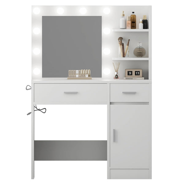 Lighted Makeup Vanity Desk with Mirror, Drawers & Storage Cabinet – White