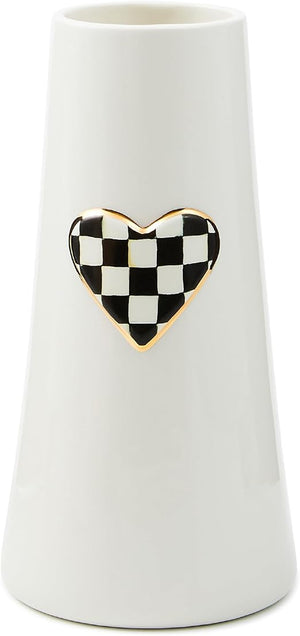 Ceramic Heart Vase – Black & White Courtly Check
