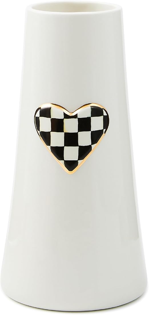 Ceramic Heart Vase – Black & White Courtly Check