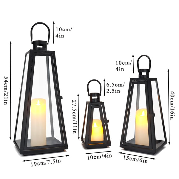 Set of 3 Decorative Metal Candle Lanterns with Tempered Glass — Indoor & Outdoor